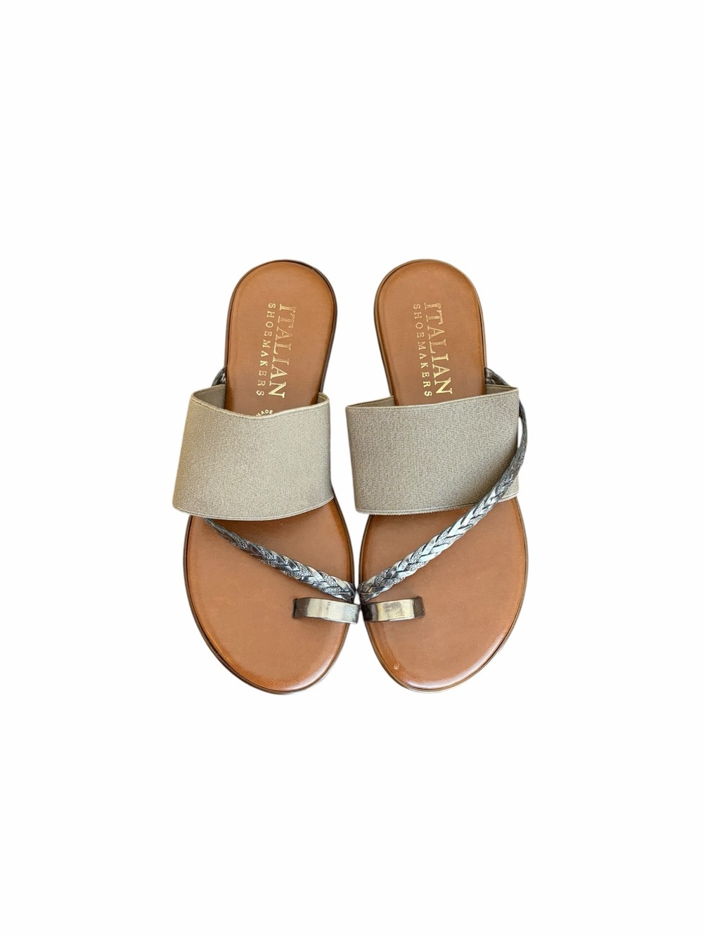 Italian Shoemakers Toscanella Taupe Elastic & Metallic Braided Toe-Loop Sandals